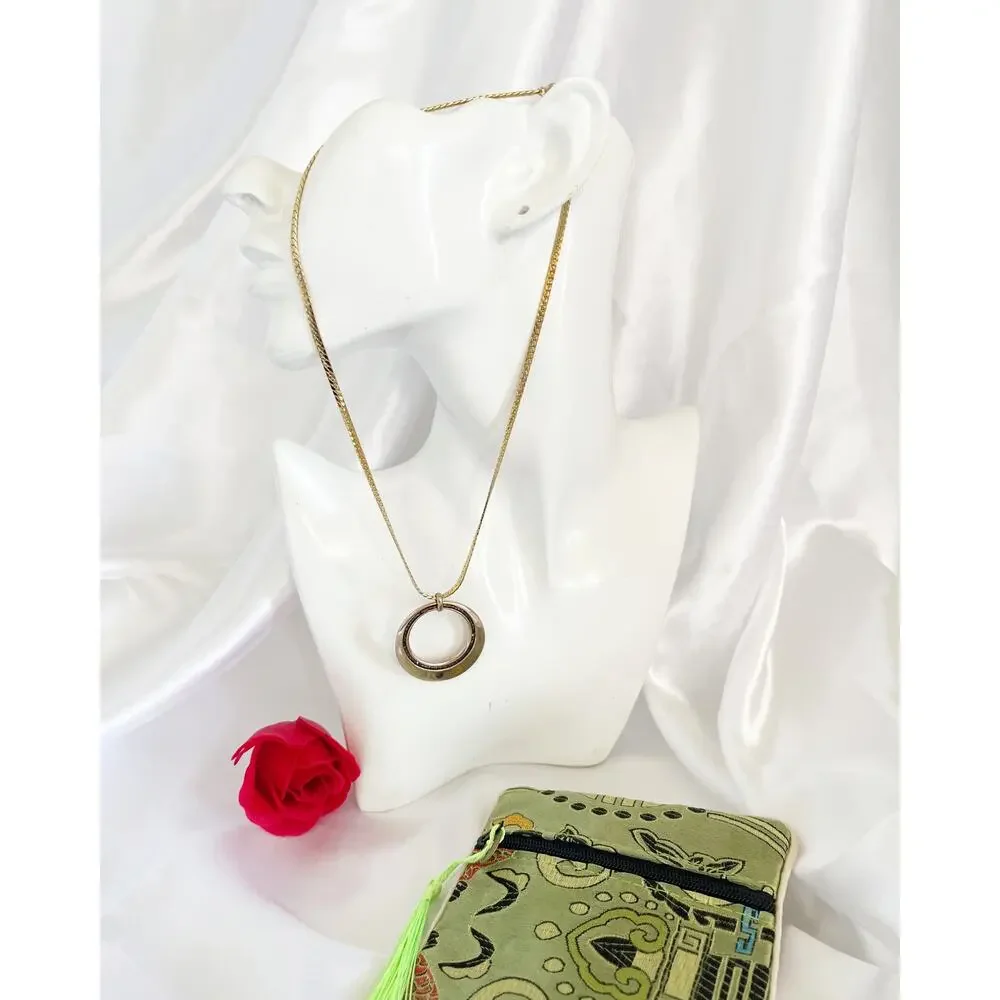 VINTAGE Rose Gold Circle Necklace w Crystal Embedded Details Herringbone Chain